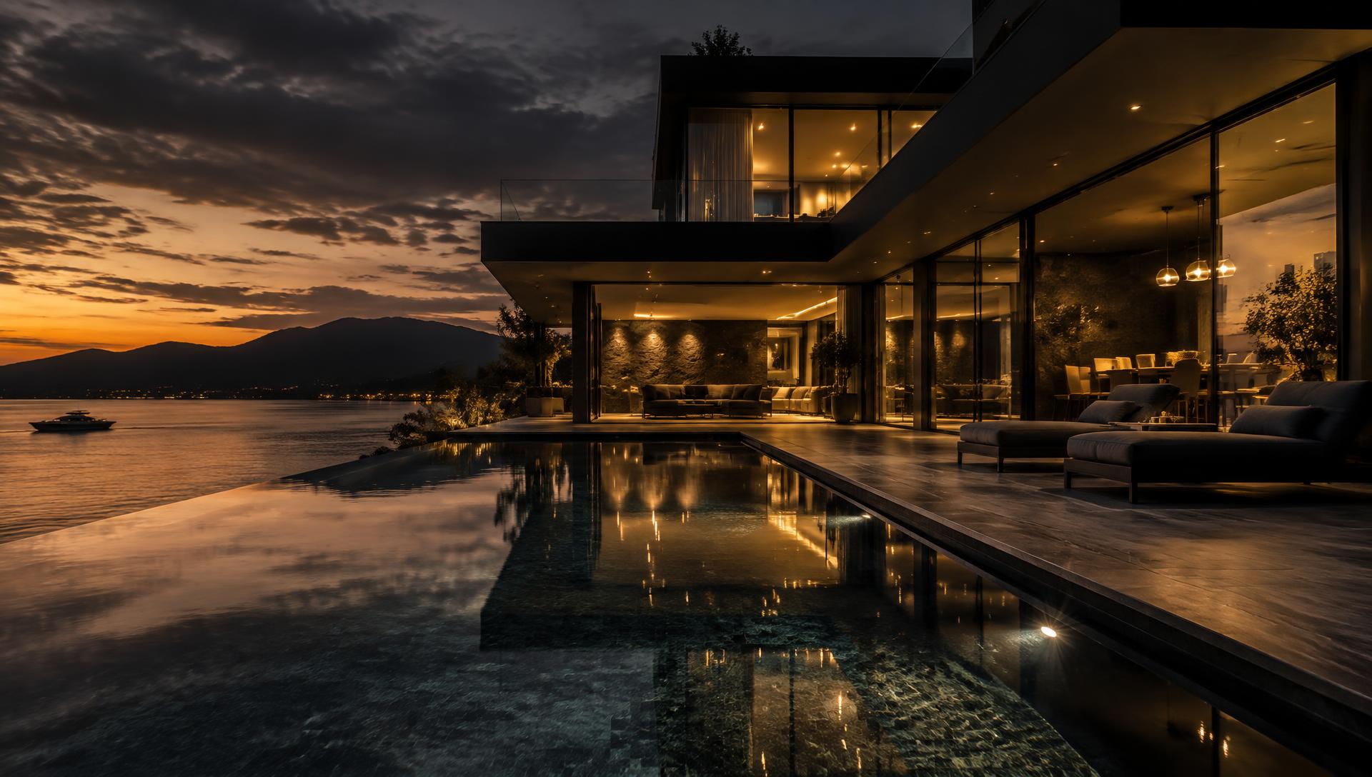 Luxury waterfront villa at dusk